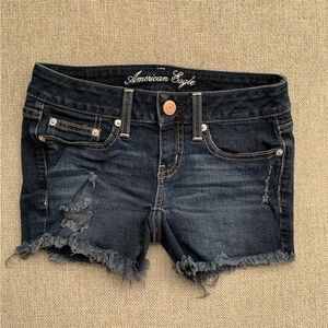 American Eagle Outfitters Jean Shorts Cutoff Dark Blue Stretch Distressed Size 0
